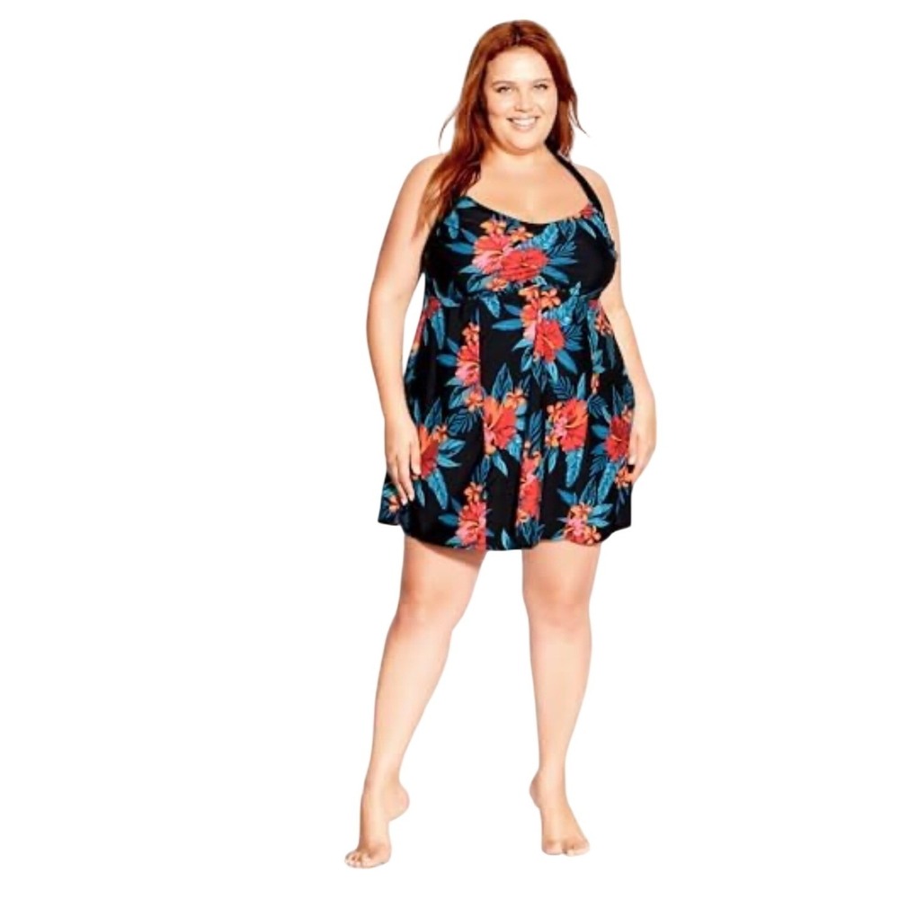 Evans Black Tropical Floral Swim Dress Plus Size 22 Racerback Swimsuit V‎ Neck